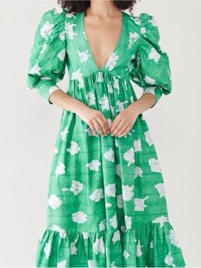 Busayo Gbenga Swing Dress Green Tie-Dye Print Puff Sleeve L